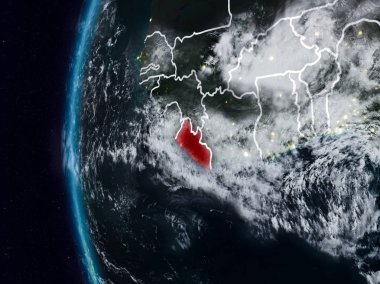 Liberya görünür ülke sınırları ile gece. 3D çizim. Nasa tarafından döşenmiş bu görüntü unsurları.