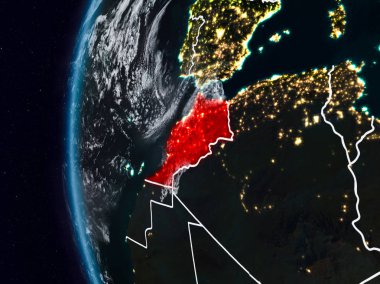 Fas görünür ülke sınırları ile gece. 3D çizim. Nasa tarafından döşenmiş bu görüntü unsurları.
