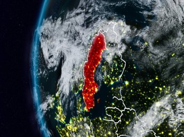 İsveç görünür ülke sınırları ile gece. 3D çizim. Nasa tarafından döşenmiş bu görüntü unsurları.