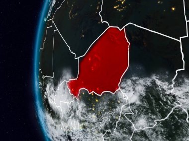 Nijer görünür ülke sınırları ile gece. 3D çizim. Nasa tarafından döşenmiş bu görüntü unsurları.