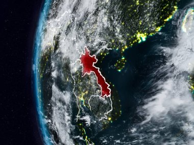 Laos görünür ülke sınırları ile gece. 3D çizim. Nasa tarafından döşenmiş bu görüntü unsurları.