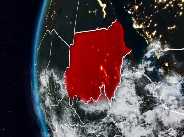 Sudan görünür ülke sınırları ile gece. 3D çizim. Nasa tarafından döşenmiş bu görüntü unsurları.