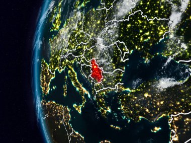 Sırbistan görünür ülke sınırları ile gece. 3D çizim. Nasa tarafından döşenmiş bu görüntü unsurları.