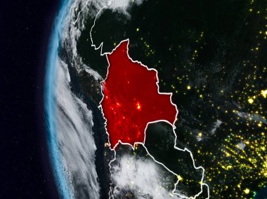 Bolivya görünür ülke sınırları ile gece. 3D çizim. Nasa tarafından döşenmiş bu görüntü unsurları.