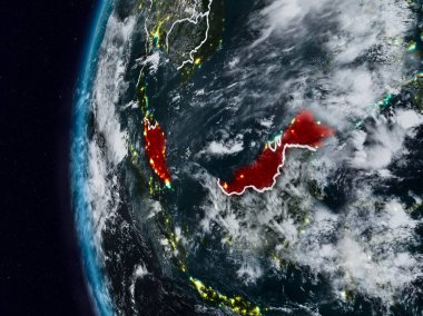 Malezya görünür ülke sınırları ile gece. 3D çizim. Nasa tarafından döşenmiş bu görüntü unsurları.