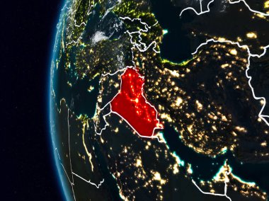 Irak görünür ülke sınırları ile gece. 3D çizim. Nasa tarafından döşenmiş bu görüntü unsurları.