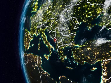 Karadağ görünür ülke sınırları ile gece. 3D çizim. Nasa tarafından döşenmiş bu görüntü unsurları.