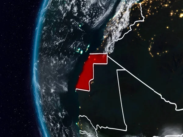 Batı Sahra görünür ülke sınırları ile gece. 3D çizim. Nasa tarafından döşenmiş bu görüntü unsurları.