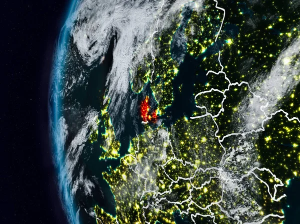Danimarka görünür ülke sınırları ile gece. 3D çizim. Nasa tarafından döşenmiş bu görüntü unsurları.
