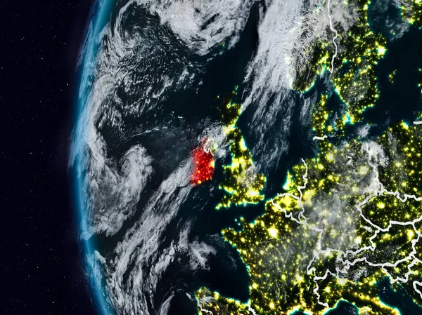 İrlanda görünür ülke sınırları ile gece. 3D çizim. Nasa tarafından döşenmiş bu görüntü unsurları.