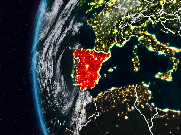 Spain at night with visible country borders. 3D illustration. Elements of this image furnished by NASA.