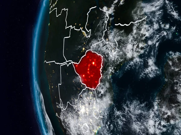 Zimbabve görünür ülke sınırları ile gece. 3D çizim. Nasa tarafından döşenmiş bu görüntü unsurları.