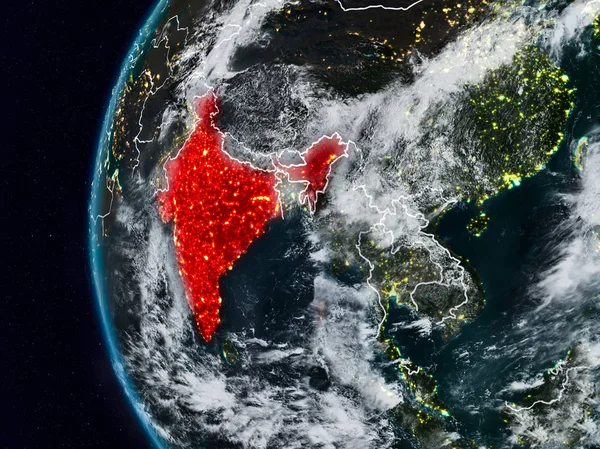 Hindistan görünür ülke sınırları ile gece. 3D çizim. Nasa tarafından döşenmiş bu görüntü unsurları.