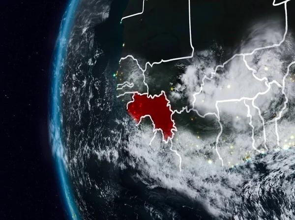 Guinea at night with visible country borders. 3D illustration. Elements of this image furnished by NASA.