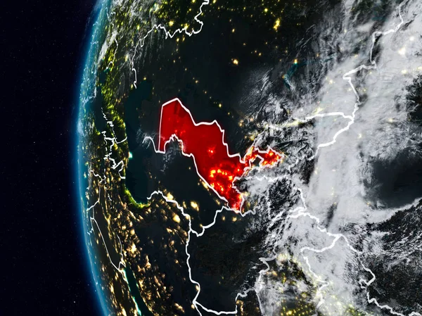 Özbekistan görünür ülke sınırları ile gece. 3D çizim. Nasa tarafından döşenmiş bu görüntü unsurları.