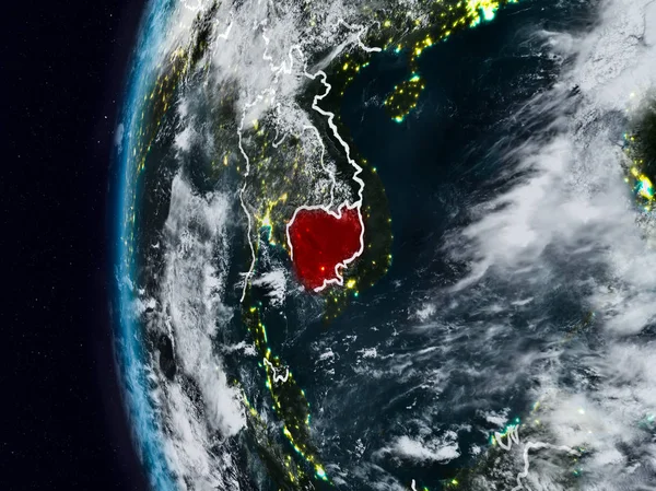 Kamboçya görünür ülke sınırları ile gece. 3D çizim. Nasa tarafından döşenmiş bu görüntü unsurları.
