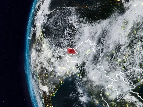 Bhutan görünür ülke sınırları ile gece. 3D çizim. Nasa tarafından döşenmiş bu görüntü unsurları.