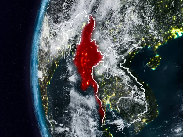 Myanmar görünür ülke sınırları ile gece. 3D çizim. Nasa tarafından döşenmiş bu görüntü unsurları.