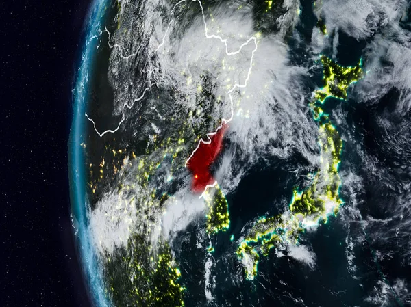 Kuzey Kore görünür ülke sınırları ile gece. 3D çizim. Nasa tarafından döşenmiş bu görüntü unsurları.