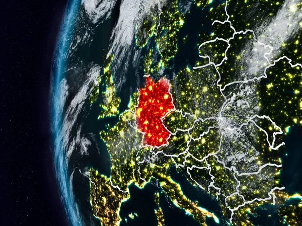 Almanya görünür ülke sınırları ile gece. 3D çizim. Nasa tarafından döşenmiş bu görüntü unsurları.