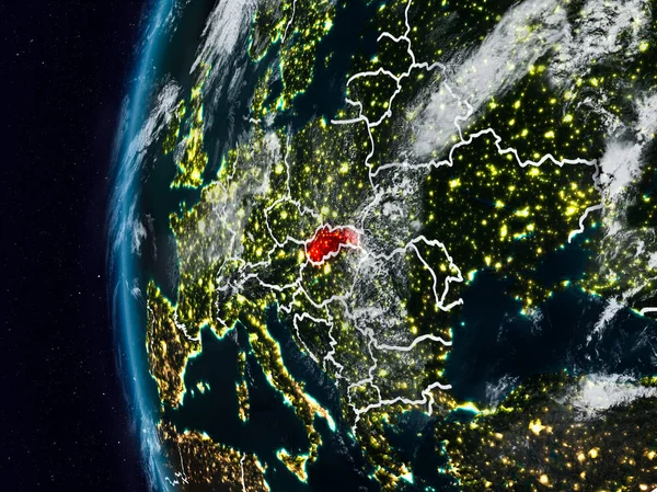 Slovakia at night with visible country borders. 3D illustration. Elements of this image furnished by NASA.