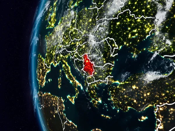 Serbia at night with visible country borders. 3D illustration. Elements of this image furnished by NASA.