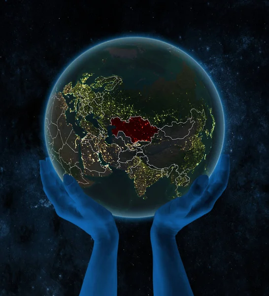 Казахстан Ночной Планете Земля Видимыми Границами Страны Руках Космосе Иллюстрация — стоковое фото