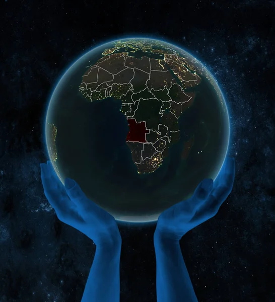 Angola Noc Planety Ziemia Granic Kraju Widoczne Ręce Przestrzeni Ilustracja — Zdjęcie stockowe