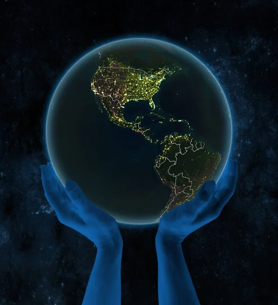 Salvador Gece Planet Earth Ile Görünür Ülke Sınırları Uzayda Elinde — Stok fotoğraf