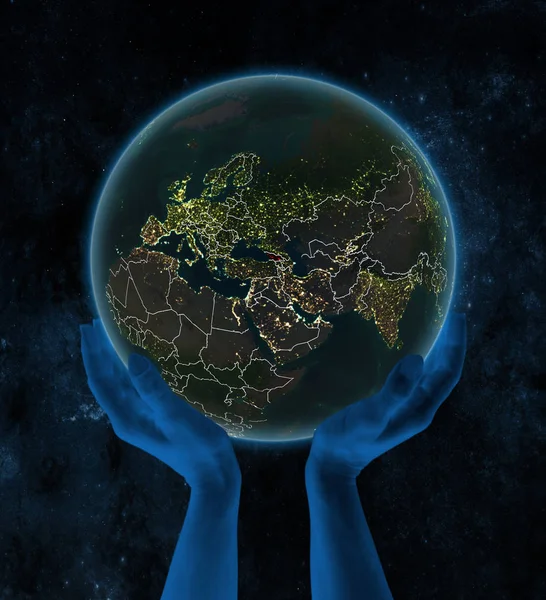 Geórgia Planeta Terra Noturna Com Fronteiras País Visíveis Nas Mãos — Fotografia de Stock