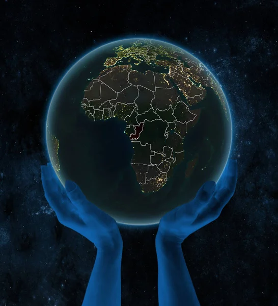 Congo Noche Planeta Tierra Con Fronteras País Visible Las Manos —  Fotos de Stock