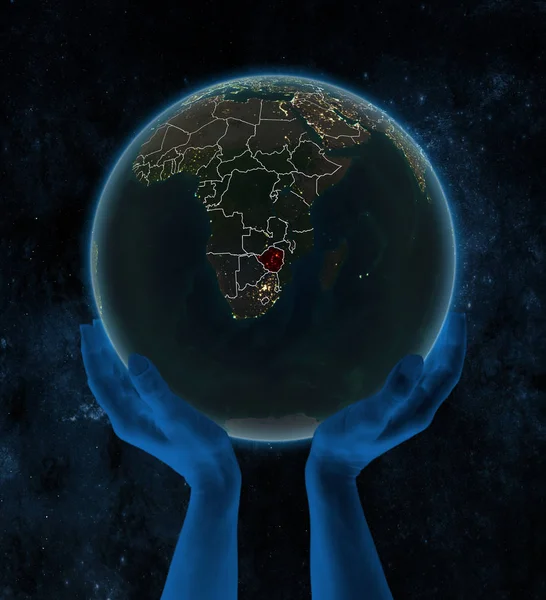 Zimbabue Noche Planeta Tierra Con Fronteras País Visibles Las Manos —  Fotos de Stock