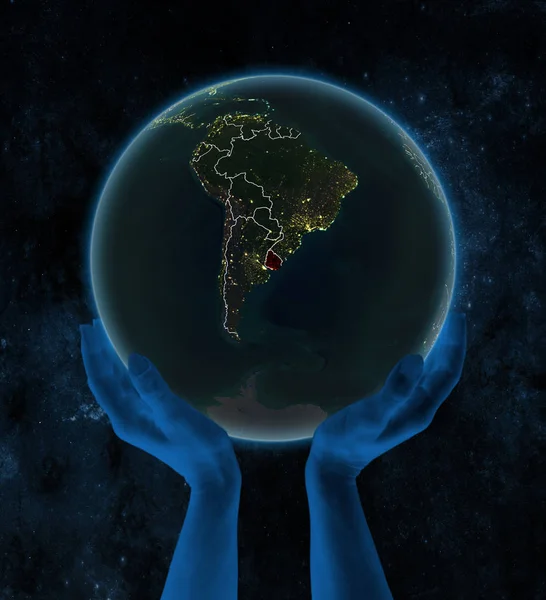 Uruguay Noche Planeta Tierra Con Fronteras País Visibles Las Manos — Foto de Stock