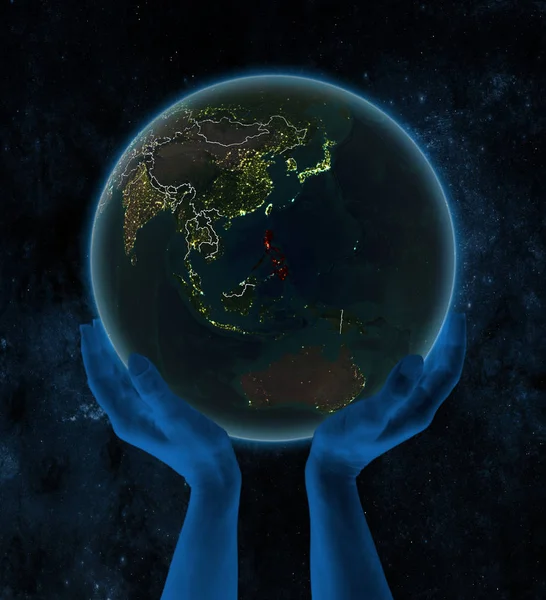 Filipinler Gece Planet Earth Ile Görünür Ülke Sınırları Uzayda Elinde — Stok fotoğraf