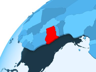 Gana kırmızı mavi model, şeffaf okyanuslar ile siyasi dünya üzerinde. 3D çizim.