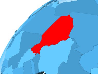 Nijer kırmızı mavi model, şeffaf okyanuslar ile siyasi dünya üzerinde. 3D çizim.