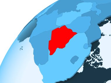 Botsvana kırmızı mavi model, şeffaf okyanuslar ile siyasi dünya üzerinde. 3D çizim.