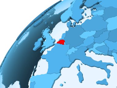 Belçika kırmızı mavi model, şeffaf okyanuslar ile siyasi dünya üzerinde. 3D çizim.