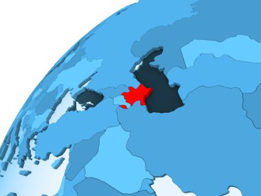 Azerbaycan kırmızı mavi model, şeffaf okyanuslar ile siyasi dünya üzerinde. 3D çizim.