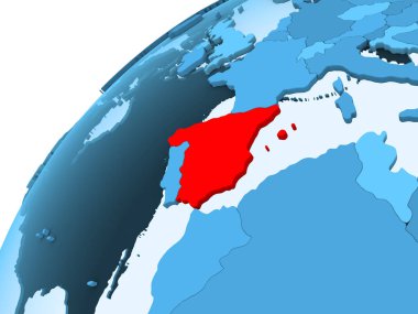 İspanya kırmızı mavi model, şeffaf okyanuslar ile siyasi dünya üzerinde. 3D çizim.