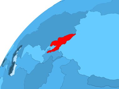 Kırgızistan kırmızı mavi model, şeffaf okyanuslar ile siyasi dünya üzerinde. 3D çizim.