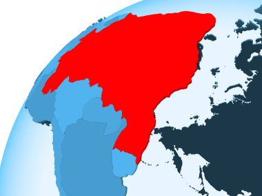 Brezilya kırmızı mavi model, şeffaf okyanuslar ile siyasi dünya üzerinde. 3D çizim.