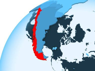 Şili kırmızı mavi model, şeffaf okyanuslar ile siyasi dünya üzerinde. 3D çizim.