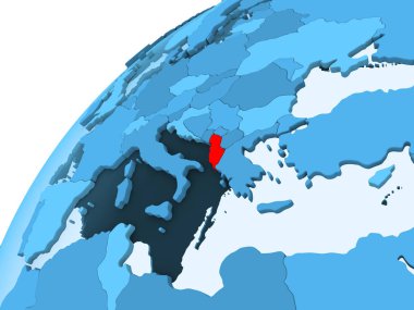 Arnavutluk kırmızı mavi model, şeffaf okyanuslar ile siyasi dünya üzerinde. 3D çizim.