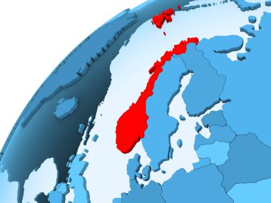 Norveç kırmızı mavi model, şeffaf okyanuslar ile siyasi dünya üzerinde. 3D çizim.