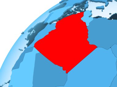 Cezayir kırmızı mavi model, şeffaf okyanuslar ile siyasi dünya üzerinde. 3D çizim.