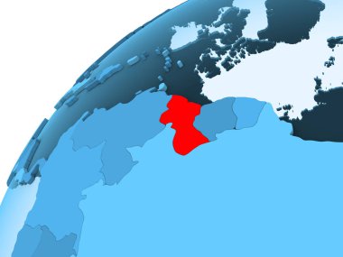 Guyana kırmızı mavi model, şeffaf okyanuslar ile siyasi dünya üzerinde. 3D çizim.