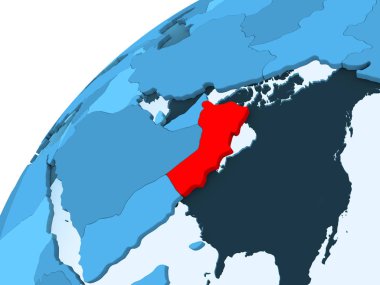 Umman kırmızı mavi model, şeffaf okyanuslar ile siyasi dünya üzerinde. 3D çizim.