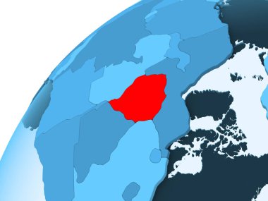 Zimbabve kırmızı mavi model, şeffaf okyanuslar ile siyasi dünya üzerinde. 3D çizim.