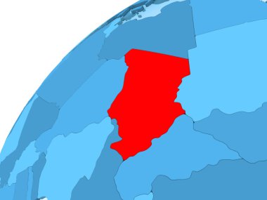 Chad kırmızı mavi model, şeffaf okyanuslar ile siyasi dünya üzerinde. 3D çizim.